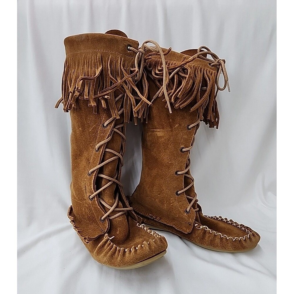 Wakonsun Native Womens Sz 9m Fringe Boots With Rubber Soles Suede Good Condition